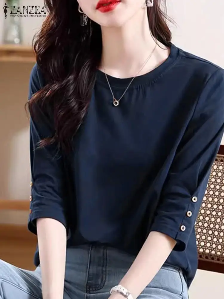 ZANZEA Elegant Office Basic Tops Women Half Sleeve Buttons Blouse 2024 Summer Solid Round Neck Blusas Female Tunic Casual Shirts