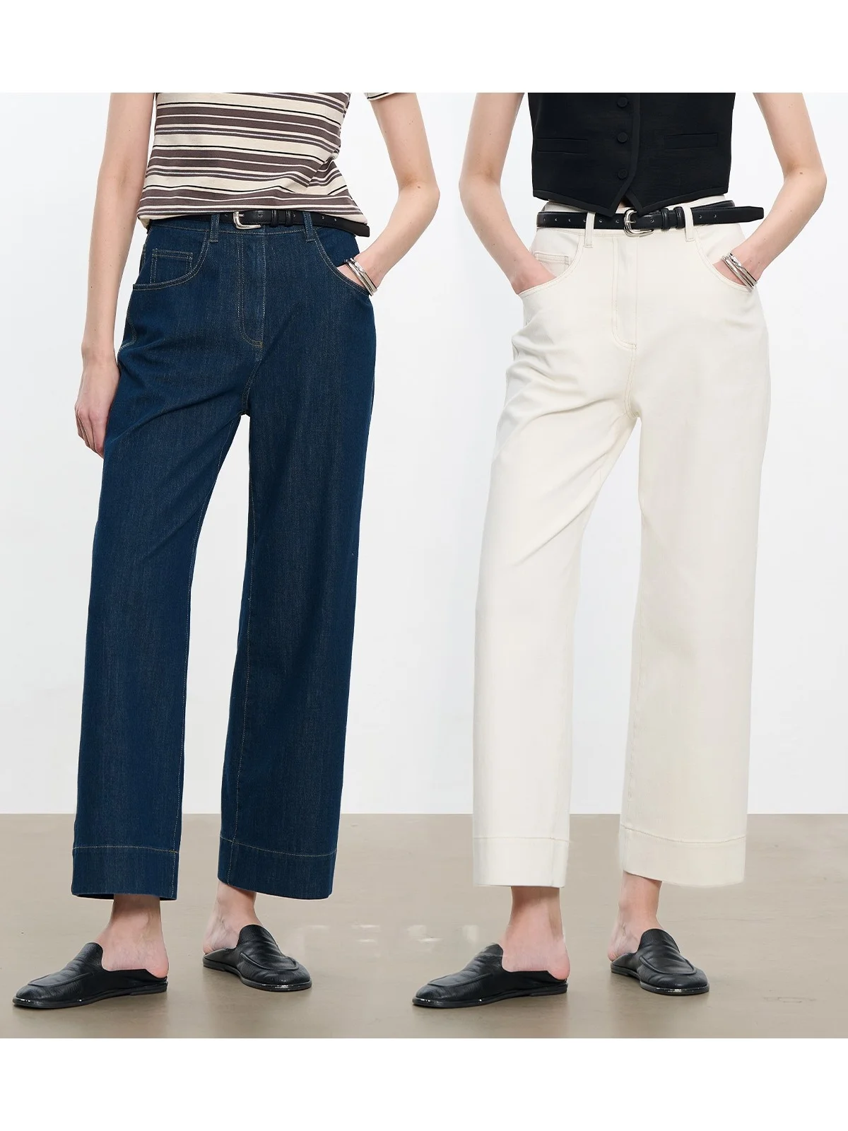 

Fce Lined Высокая талия Широкие брюки девять дымчатых длины Хлопковые джинсовые брюки Женские простые четырехсторонние эластичные джинсы