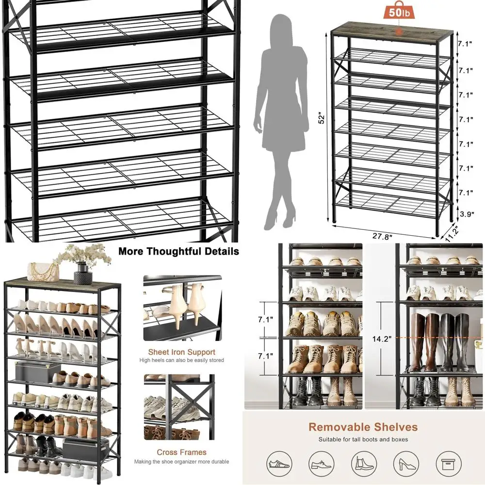 

Gray 8-Tier Metal Shoe Rack Organizer with Wooden Top Shelf for 24-32 Pairs Storage in Entryway and Garage