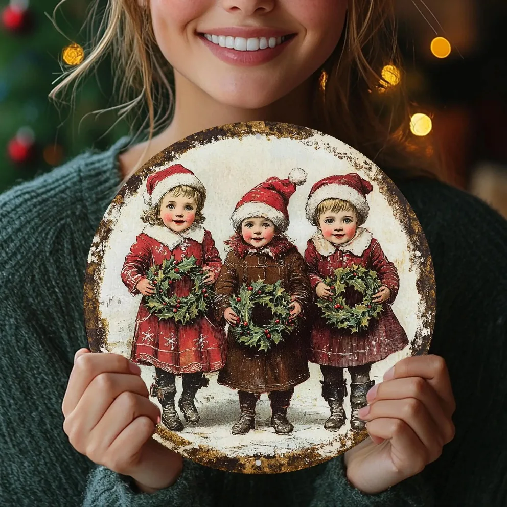 งานศิลปะติดผนังโลหะวินเทจคริสต์มาส ยังส์เตอร์ส&ฮอลลี่ -ป้ายอะลูมิเนียมทรงกลมขนาด 8x8 นิ้ว ของตกแต่งวันหยุดสุดคลาสสิกสำหรับบ้าน