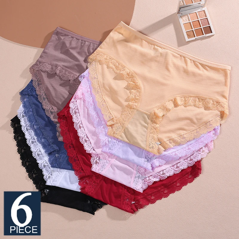 FINETOO 6Pcs Women's Sexy Panties Lace Plus Size Underwear Mom's Panties Striped Briefs Girls Solid Sports Comfortable Lingerie