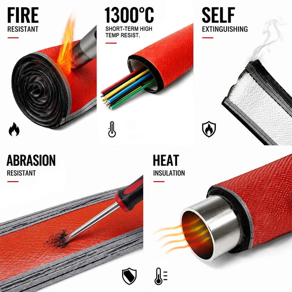 Self-adhesive Fiberglass Fireproof Tube 15mm~60mm Silicone Coated Insulation Heat Shielded Thicken Fire Retardant Casing Pipe