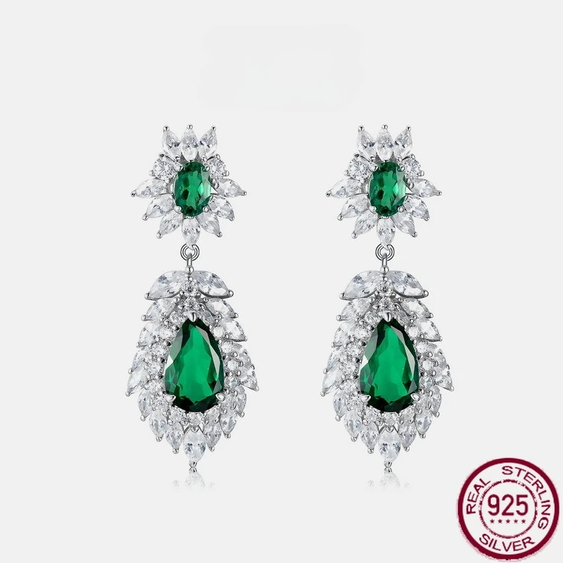 

New S925 pure silver cultivated emerald earrings, retro European and American luxury high-end design earrings, wedding jewelry