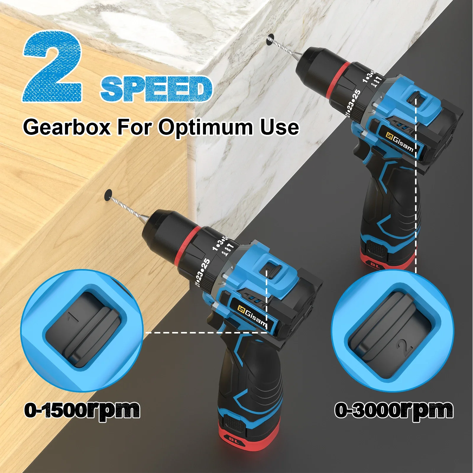 Gisam 95N.M 10MM 25+3Torque Brushless Electric Drill Metal Ratchet Chuck Cordless Drill Electric Screwdriver DIY Power Tools