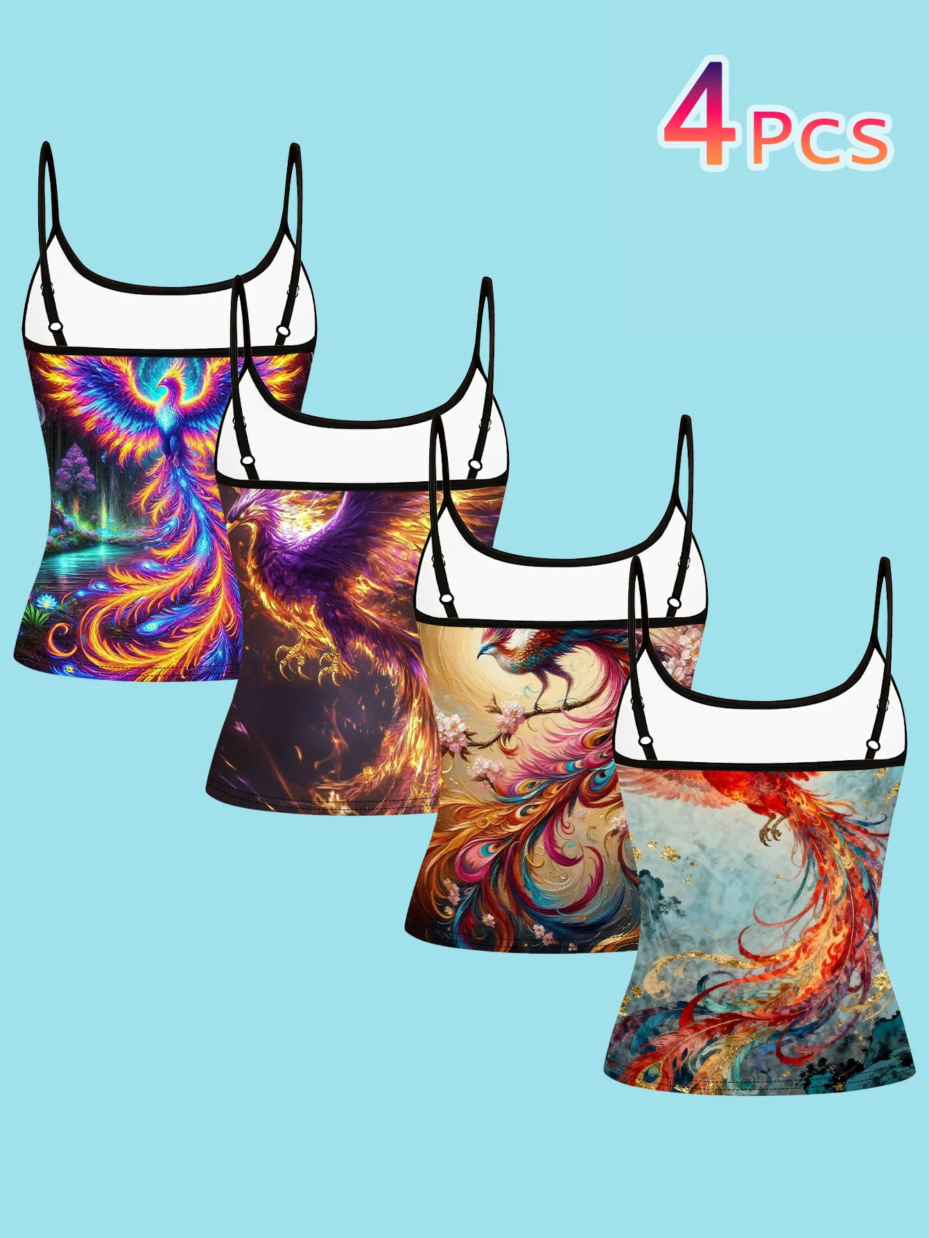 4-Piece Set of Fantasy Phoenix Print Camisoles for Women, Featuring Artistic Illustrations of Divine Birds and Colorful Feathers, with Thin Straps, Slim Fit, Sleeveless Inner Tops