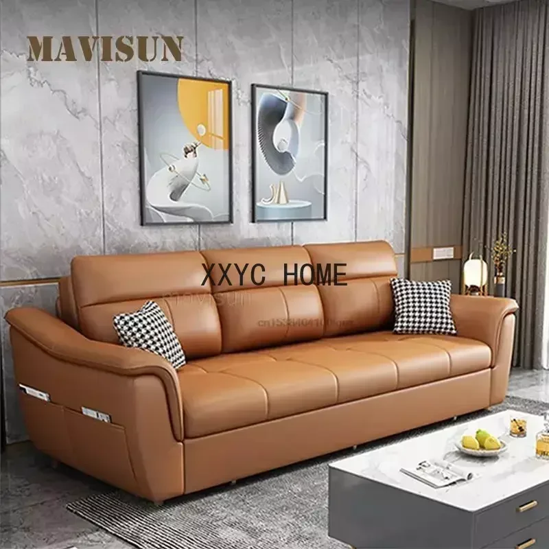 Italian Sofa Living Room Straight Row Multifunctional Leather Bed Dual-Purpose Small Sofa Storage Puff Asiento Modern Furniture