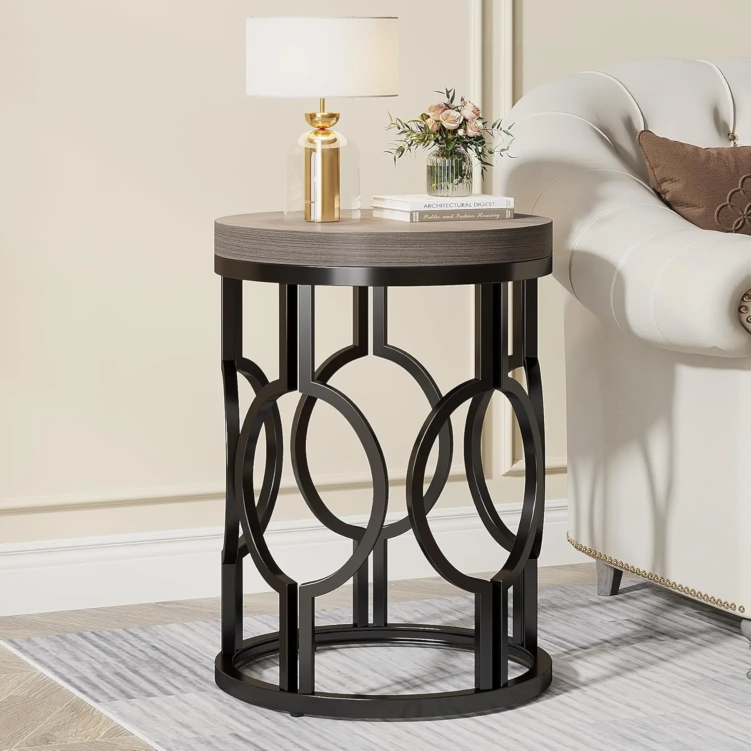 Round End Table, Industrial Side Table with Metal Hollow Frame, Small Bedside Table Nightstand for Living Room, Bedroom