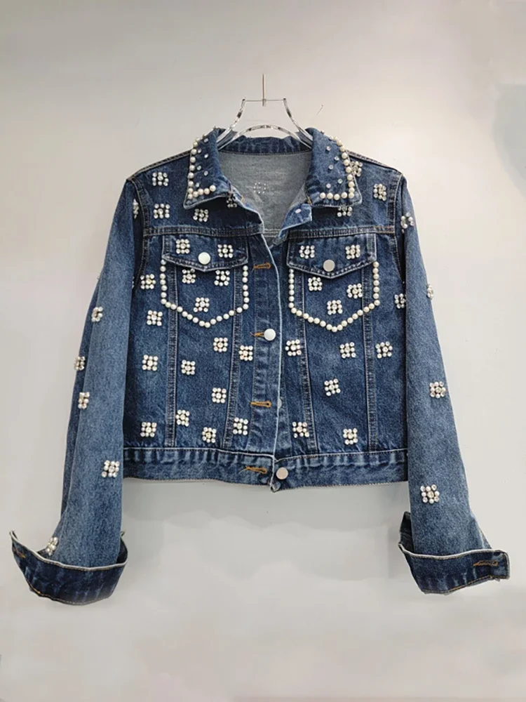 

Women's Denim Coats Pearls Diamonds Embroidered Flares Single Breasted Long Sleeve Jackets 2024 Autumn New Fashion 33A1647