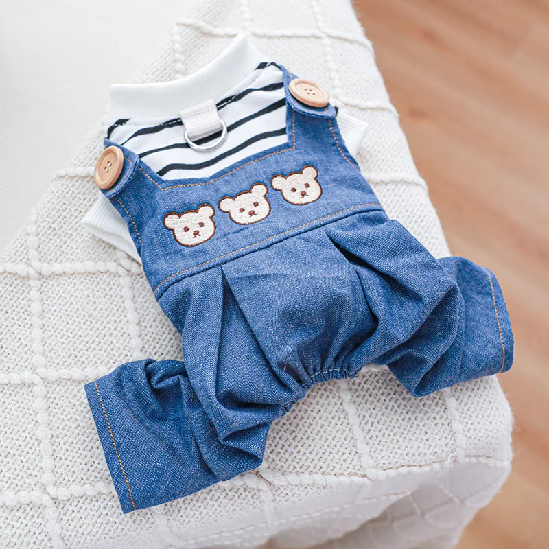 Bear Embroidered Dog Denim Overalls Striped Pet Jumpsuit Soft Cotton Dog Clothes with D-ring for Kitten Small Dogs Outfit