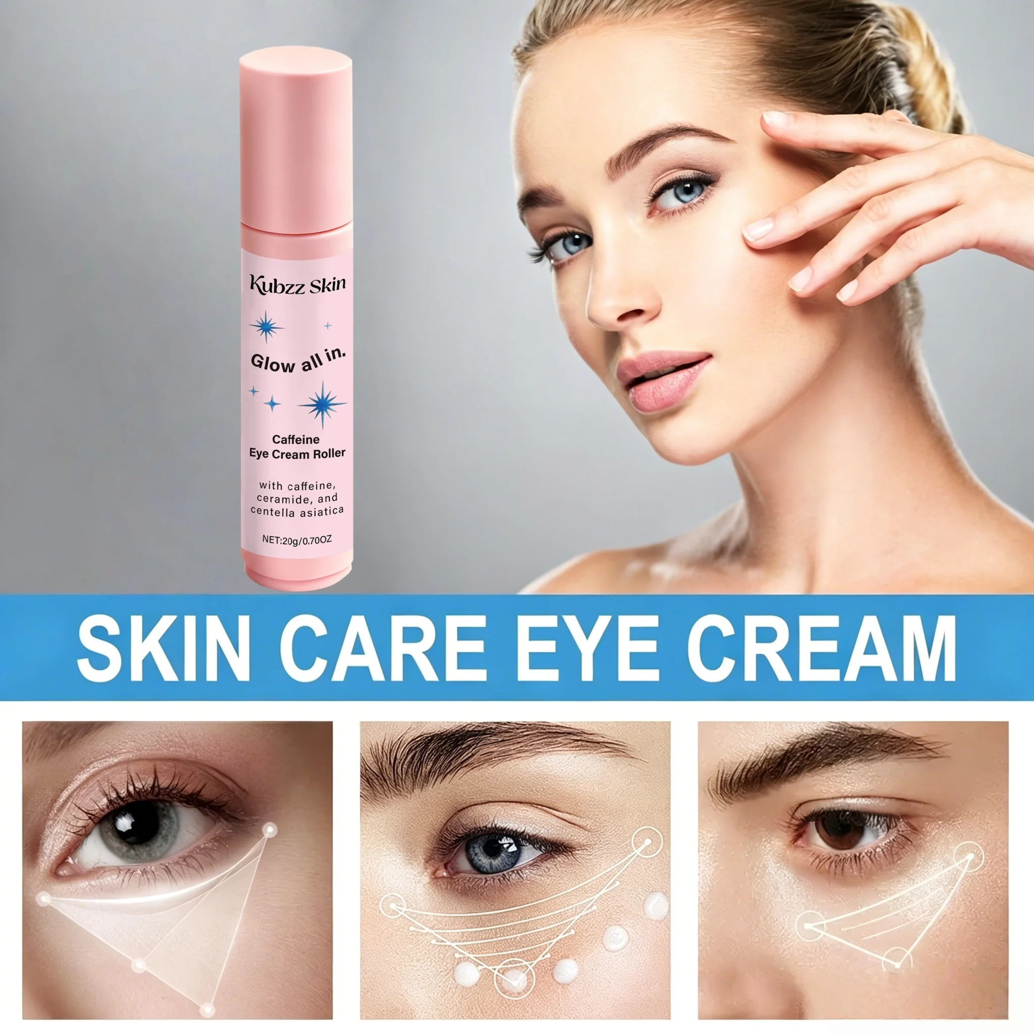 Caffeine Eye Cream, with Added Centella Asiatica Extract, Caffeine, Ceramide Np, and Tocopherol, Moisturizes and Brightens Skin Tone, Smoothes Fine Lines Around the Eyes, and Restores Skin's Youthful Radiance