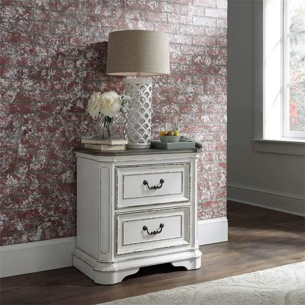 Magnolia Manor 2 Drawer Night Stand W28 X D17 X H28 White Antique White Finish Full Extension Metal Side Drawer Glides