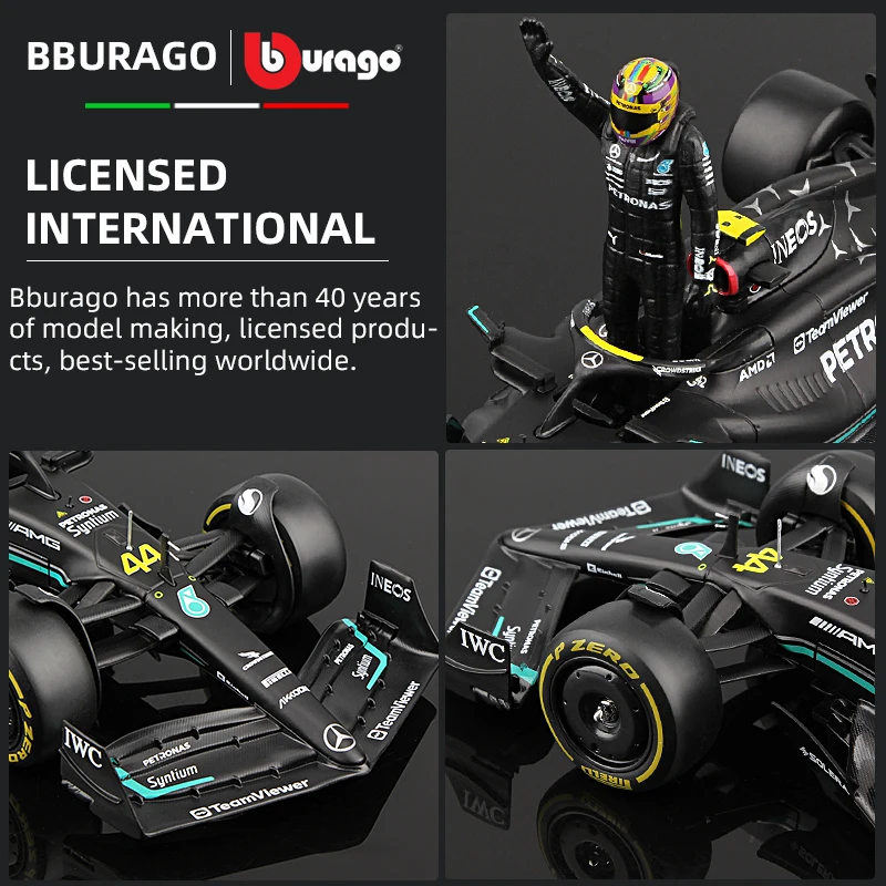 Bburago 1:24 Mercedes F1 Model W14 44# Hamilton Pilot Figurine Version Alloy Car 2023 Racing Die Cast Vehicles Toy Collection