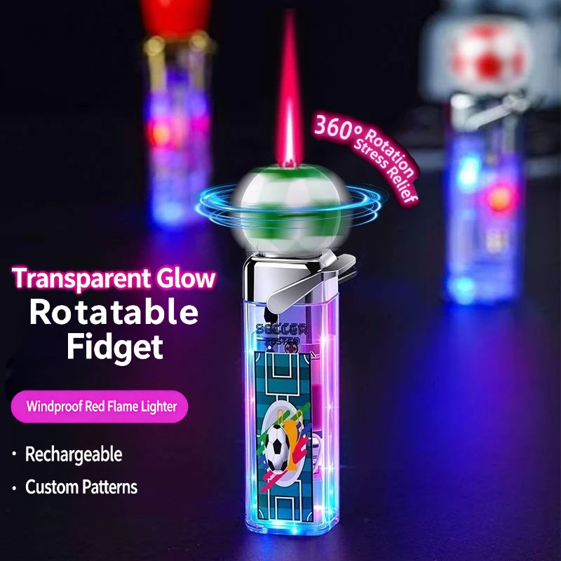 360° Rotating Soccer Lighter, Glowing LED Windproof Red Flame Lighter Refillable Gas Lighter with Spinning Top for Stress Relief