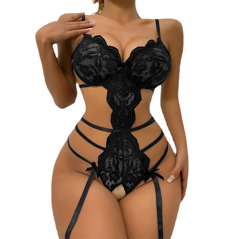 Lace Babydoll Pajamas Set Women's See-Through Deep V Open Bra Crotchless Bodysuit with Garter Corset Sex Lingerie