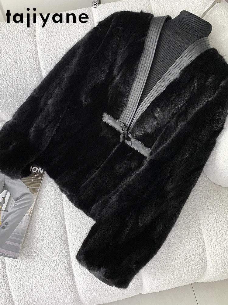 TAJIYANE 100% Natural Mink Fur Jacket Woman Chic V-neck Real Fur Coat High Quality 2025 Winter Coats Women Clothing шуба женская