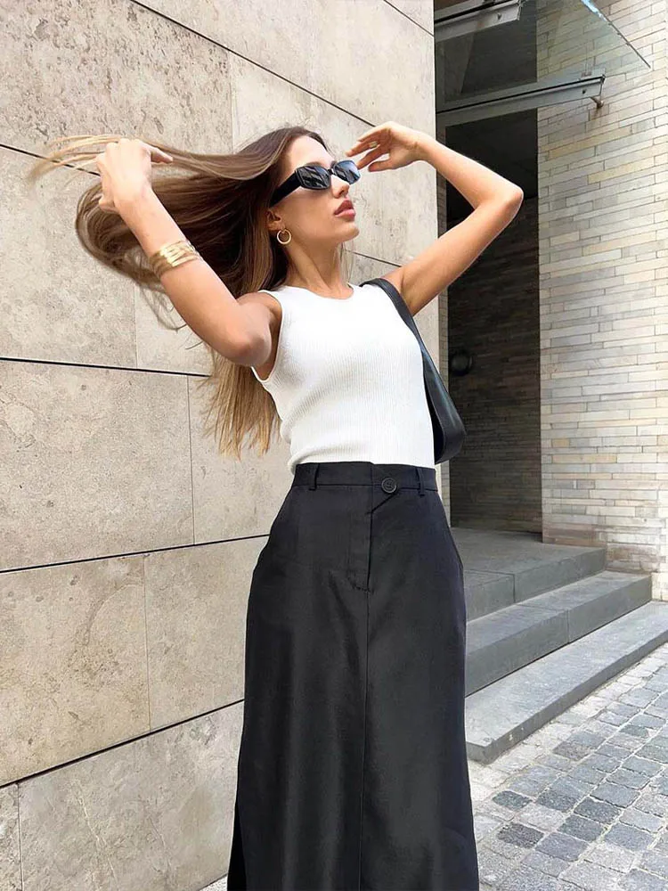 Black Loose Long Skirts Women A-Line Zip Skirts Ladies Elegant Summer Skirts Female With Pocket Ankle-Length Skirts