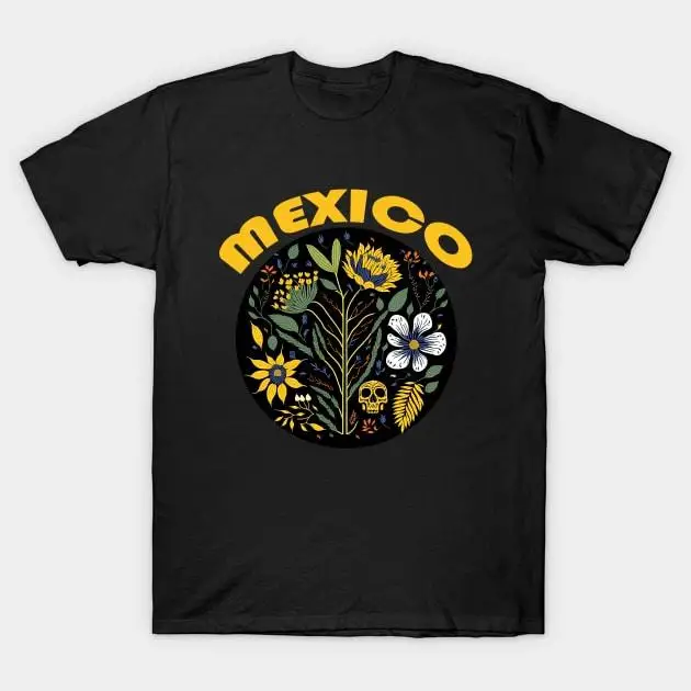 

Mens Mexican Folk Art Graphic T-Shirt Mexico Floral Skull Print Retro Vintage Day of the Dead Festival Holiday Travel Casual Top
