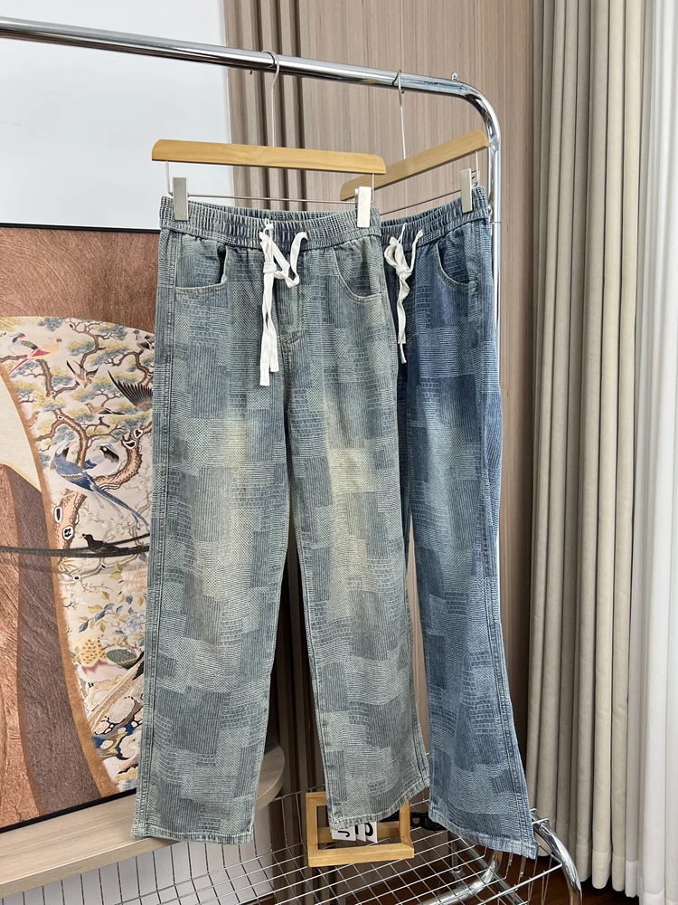 

Потертые синие жаккардовые джинсы для мужчин, прямые джинсовые брюки с эластичной резинкой на талии, американские модные брюки в клетку в стиле ретро