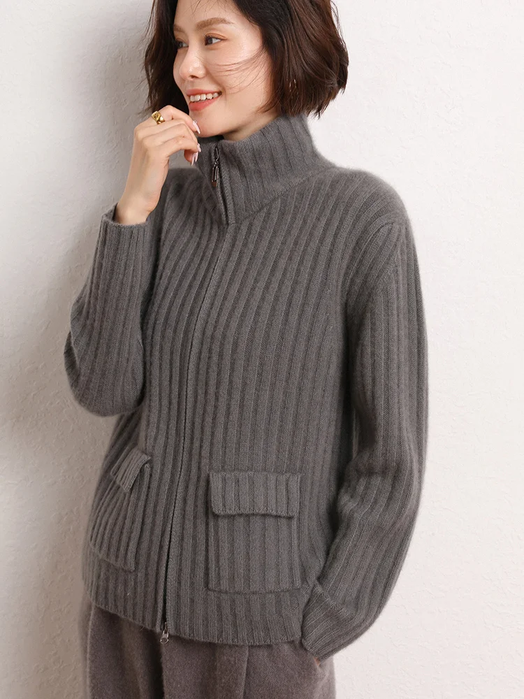 Long Sleeve Cardigan  New Fashion Women Sweater 100% Pure Cashmere Tops Half High Collar Jerseys Thick Autumn Winter Knitwear