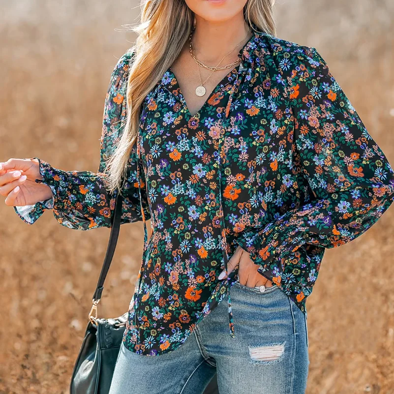 Plus Size Women's Shirt, Flower Print V-Neck, Long Sleeves with Ruffles, Casual Resort Style, Suitable for All Seasons image 5
