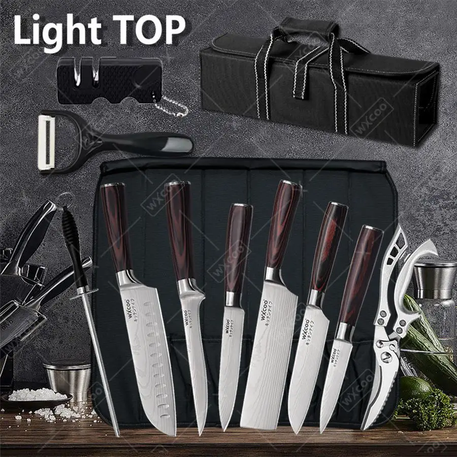 WXCOO Japanese Knife Set with Knife Bag Damascus Laser Kitchen Knives Fish Fillet Meat Cleaver Fruit Peeler Santoku Cutter