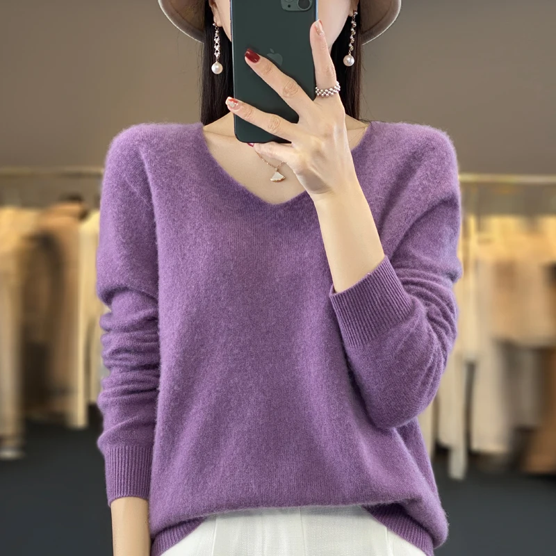 2024 100% Merino Pure Wool V-neck Autumn And Winter Pullover Sweater New Cashmere Sweater Women\'s Casual Knitted Top DMR201