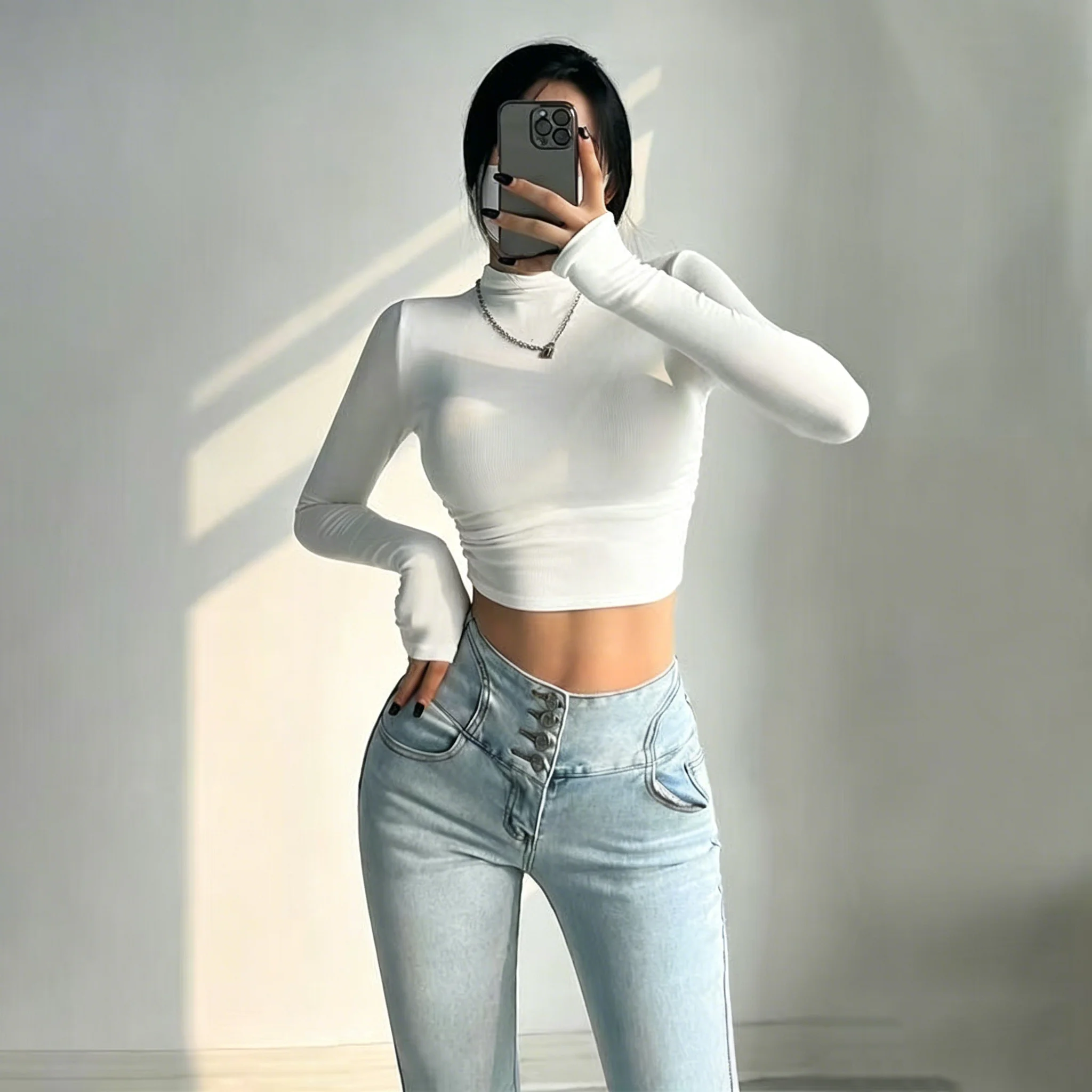 Sexy Long Sleeve Corset Top Women Turtleneck Slim Short T-shirt Fashion Woman Blouse