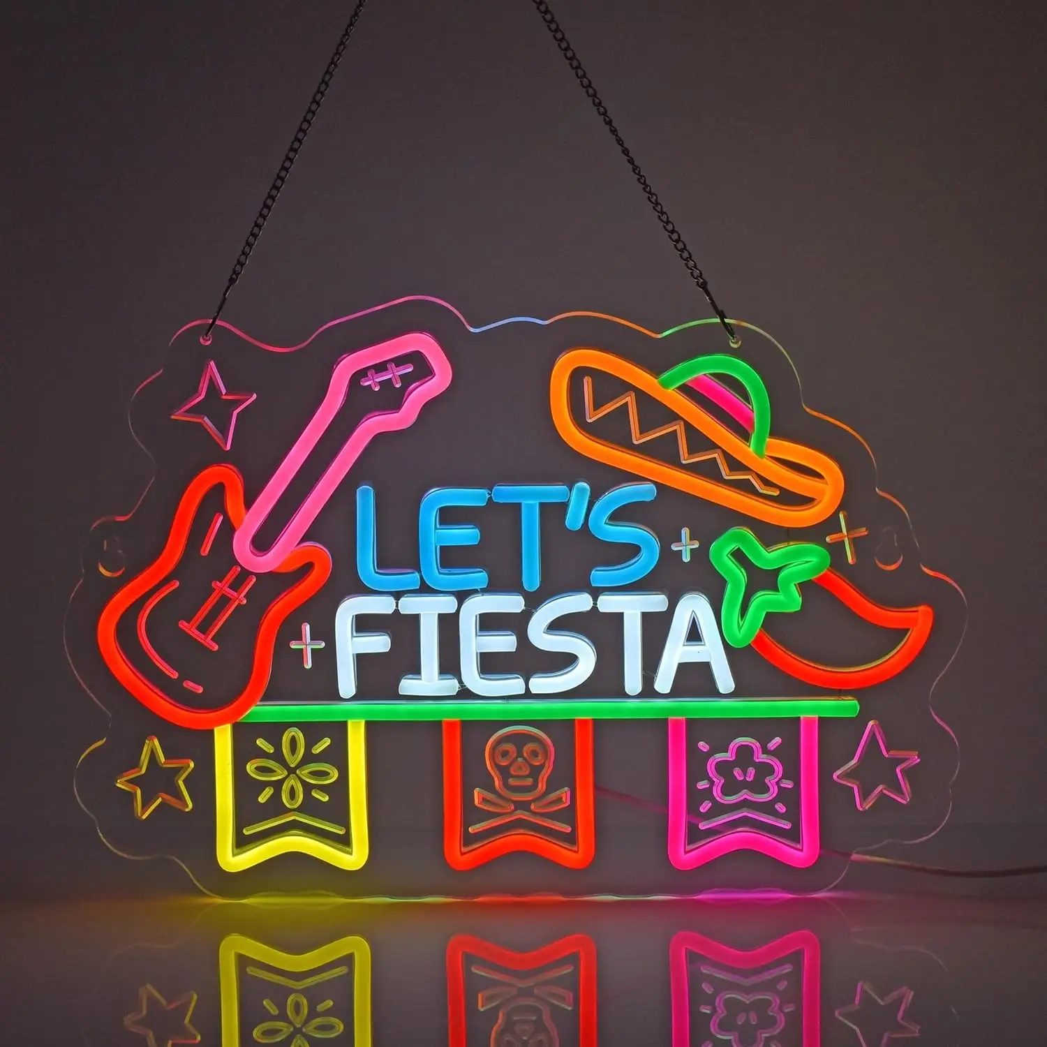 Let's Fiesta Letrero de Neón, Decoración de Pared con Luz de Neón para Restaurante Mexicano, Bar Latino, Fiesta, Taco Shop, Food Truck, Man Cave, Hogar