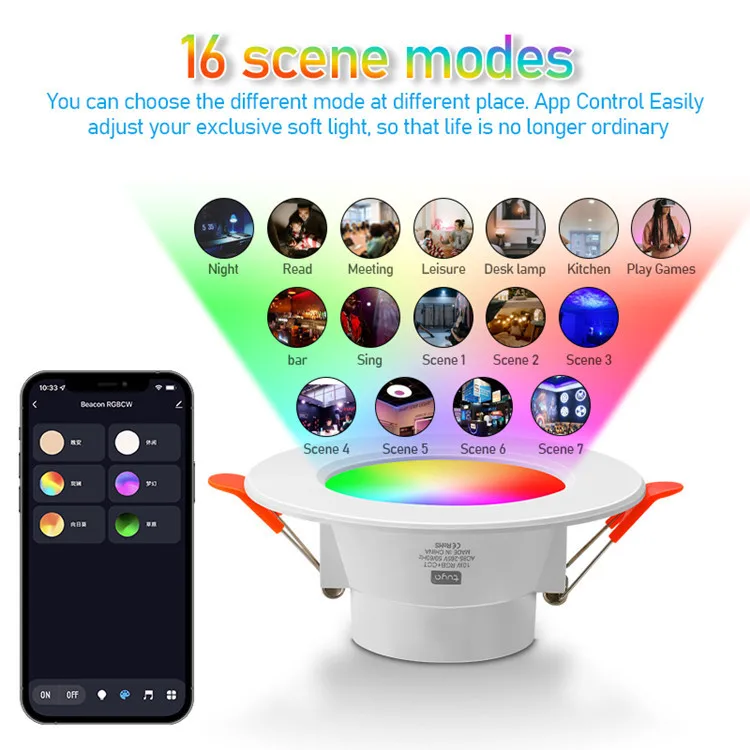 Smart LED Downlight 10W RGB Recessed Ceiling Light Dimmable Color Changing Bluetooth APP Control Remote Timing Dimmable Memory