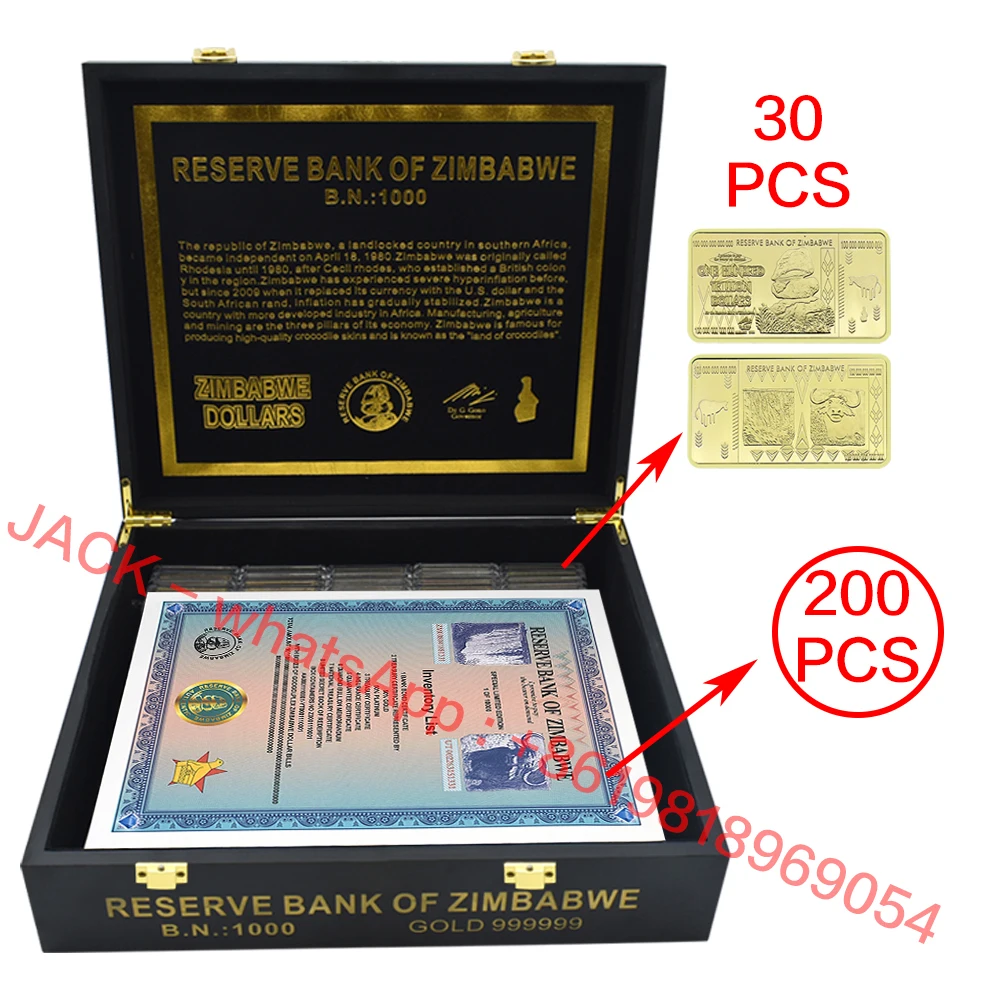 

200pcs/box Zimbabwe Certificate Banknotes with 30 Gold Nuggets Googolplex Containers Serial Banknotes UV Anti-counterfeiting