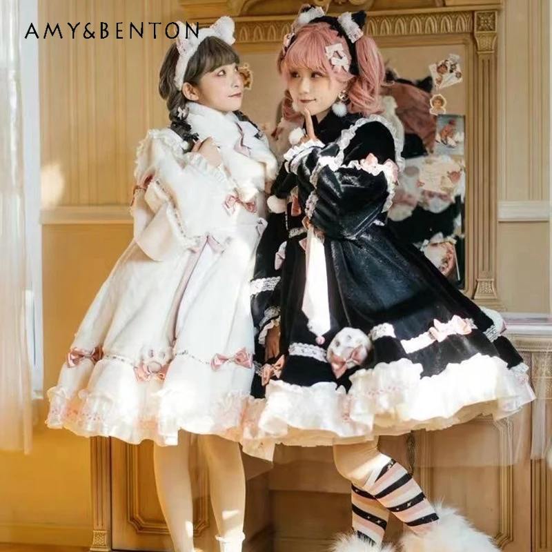 

2025 Winter Pink Fleece-Lined Thickened Long Sleeve Lolita Princess Dress White Black Dress Headwear Scarf Bag Crinoline Set