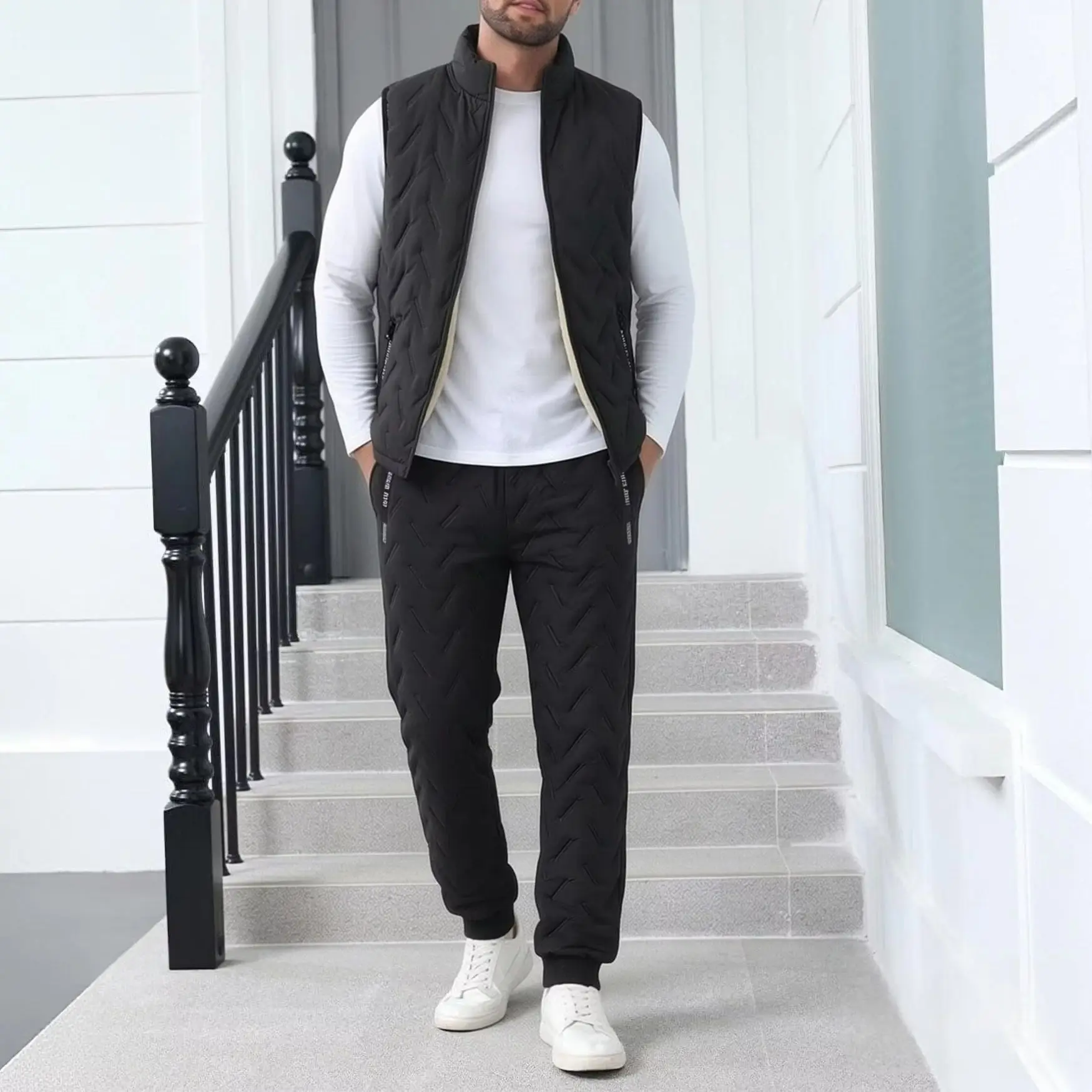 Immagine 5: Completo invernale da uomo composto da due pezzi: gilet imbottito con fodera in pile e pantaloni termici in cotone, antivento, caldo e casual.
