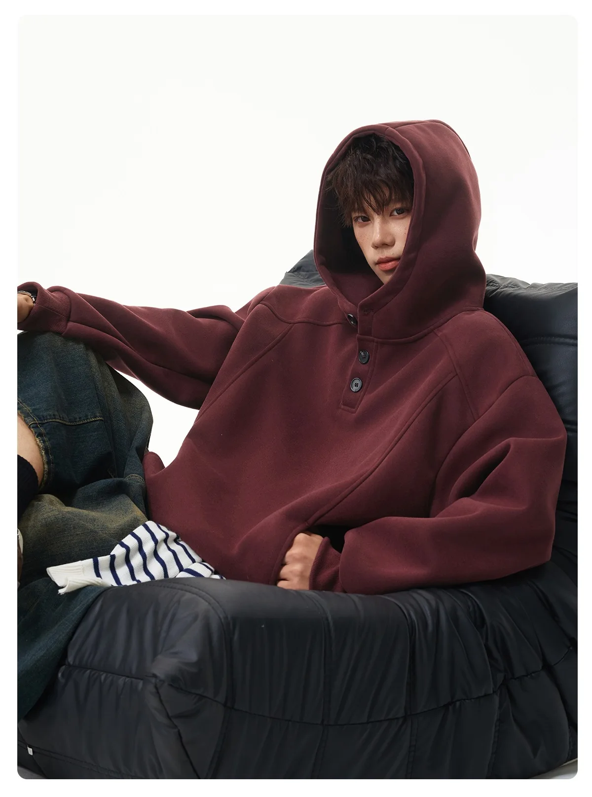 Autumn Winter New Button Half High Neck Hoodie for Men Korean Fashion Harajuku Simple Solid Men's Casual Loose Hooded Sweatshirt