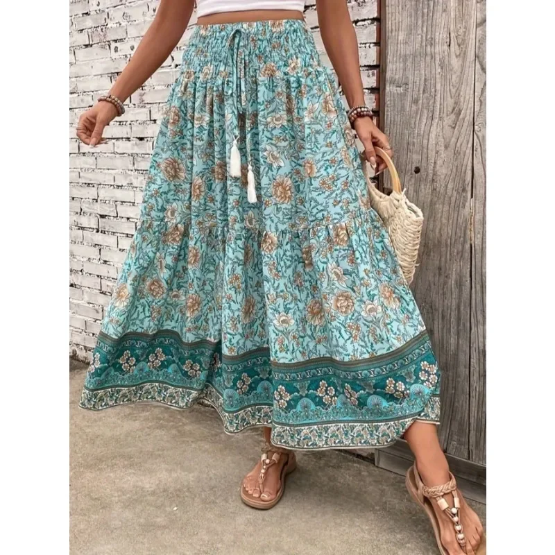 

Плюс размер 1XL-5XL модная женская пляжная богемная юбка женская зеленая плиссированная юбка с цветочным принтом эластичная талия макси-юбки трапециевидной формы