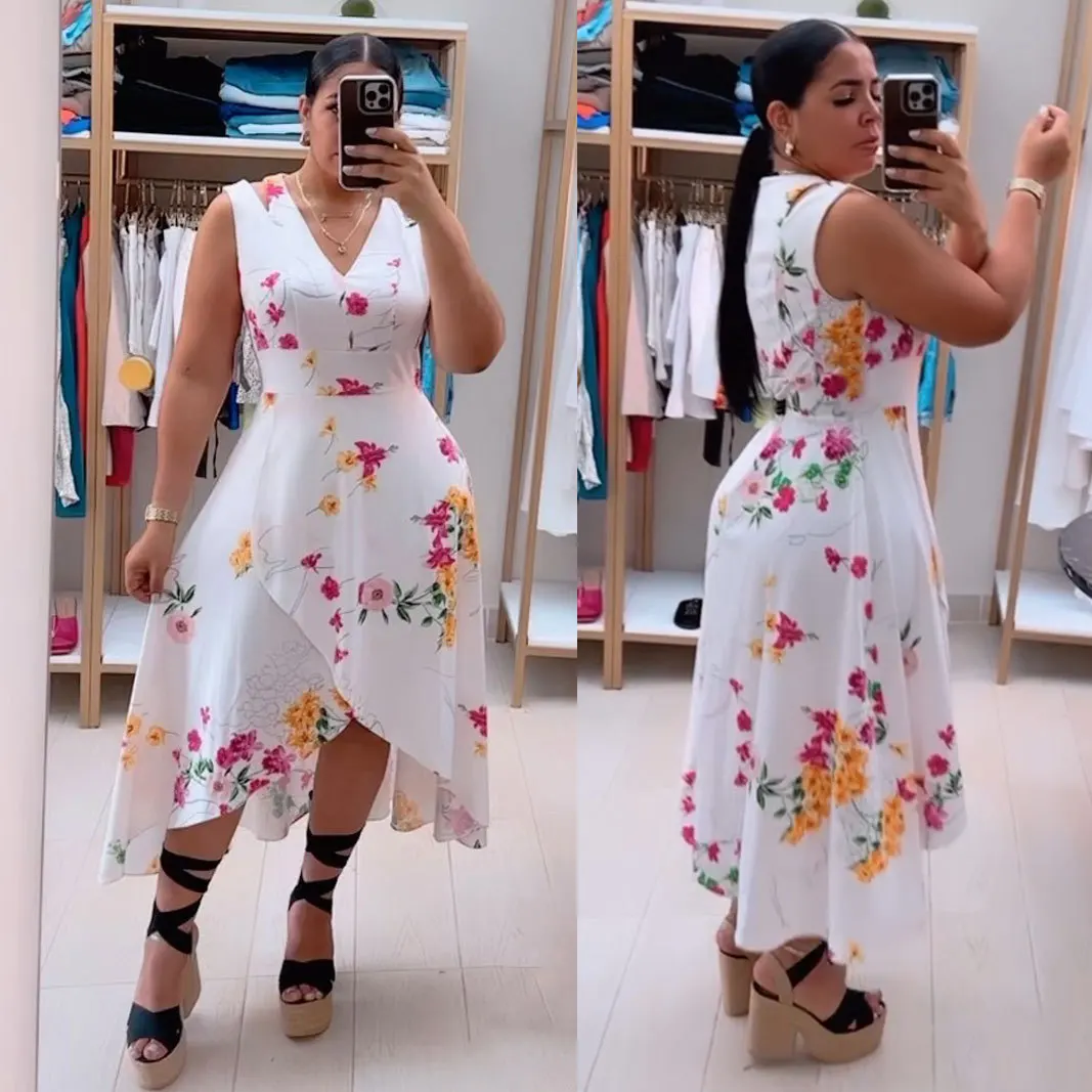 

2024 Summer Women's New Style White Sexy Printed Waist V-neck Sleeveless Slit Temperament Commute Casual Irregular Dress