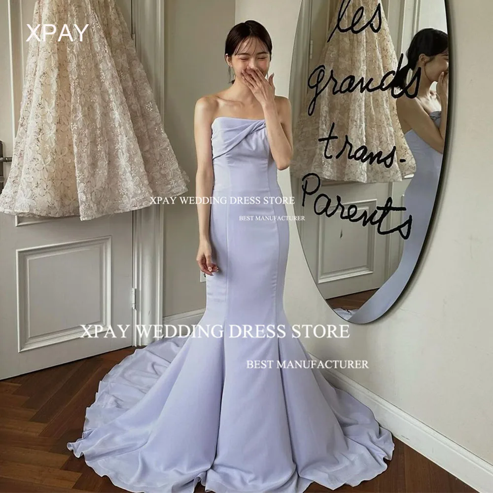 

XPAY Strapless Lavender Korea Mermaid Evening Dresses Pleat Sleeveless Formal Gown Photo Shoot Elegant Floor Wedding Party Dress