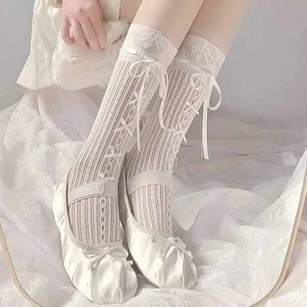 الباليه أنيقة نمط جورب الشريط الانحناء التعادل الجورب جوفاء الدانتيل مخطط الانحناء التعادل شبكة صيد السمك طويل الركبة طول جورب للمرأة فتاة #4