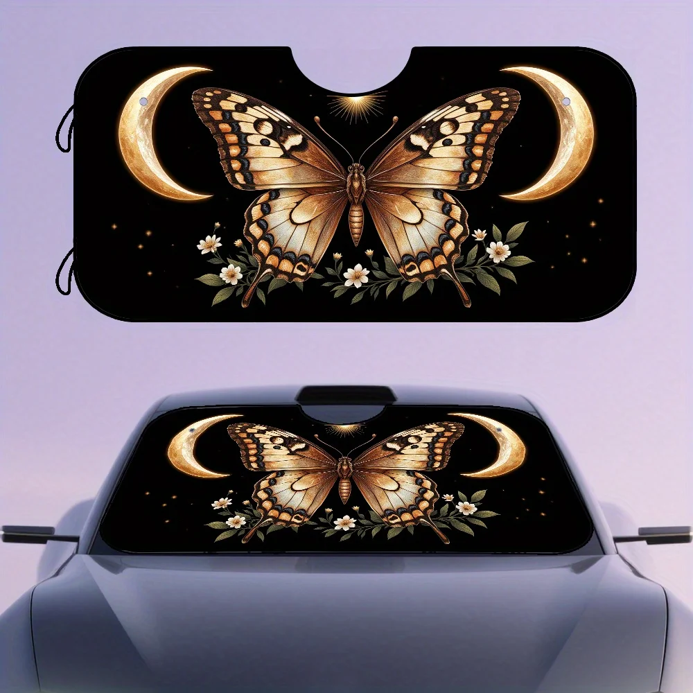 Parasol bohemio para parabrisas de coche, mariposa, Luna, estrellas, flores, ajuste ligero compacto, luna creciente dorada y Patt Floral, 1 ud.