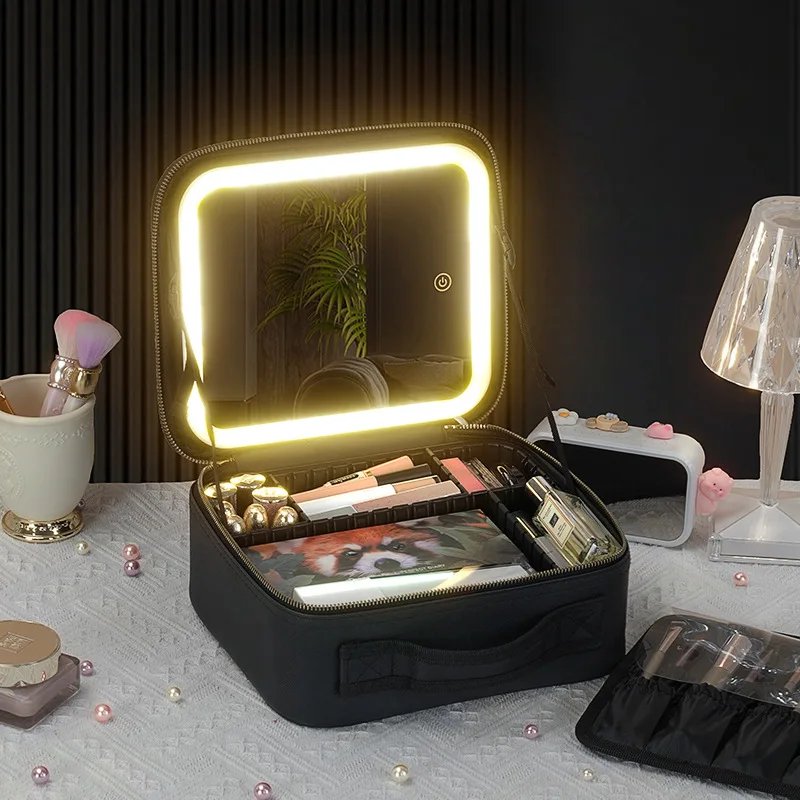 LED Lighted Cosmetic Case Large Capacity Bag Female Beautician With Mirror Travel Waterproof PU Leather Portable Makeup Bag