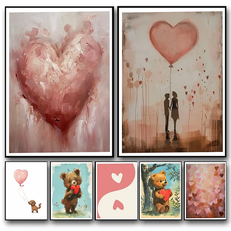 

Pink Heart Balloon Puppy Couple Poster Print Wall Art Picture Abstract Diamond Painting Living Room Decor Valentine's Day Gift