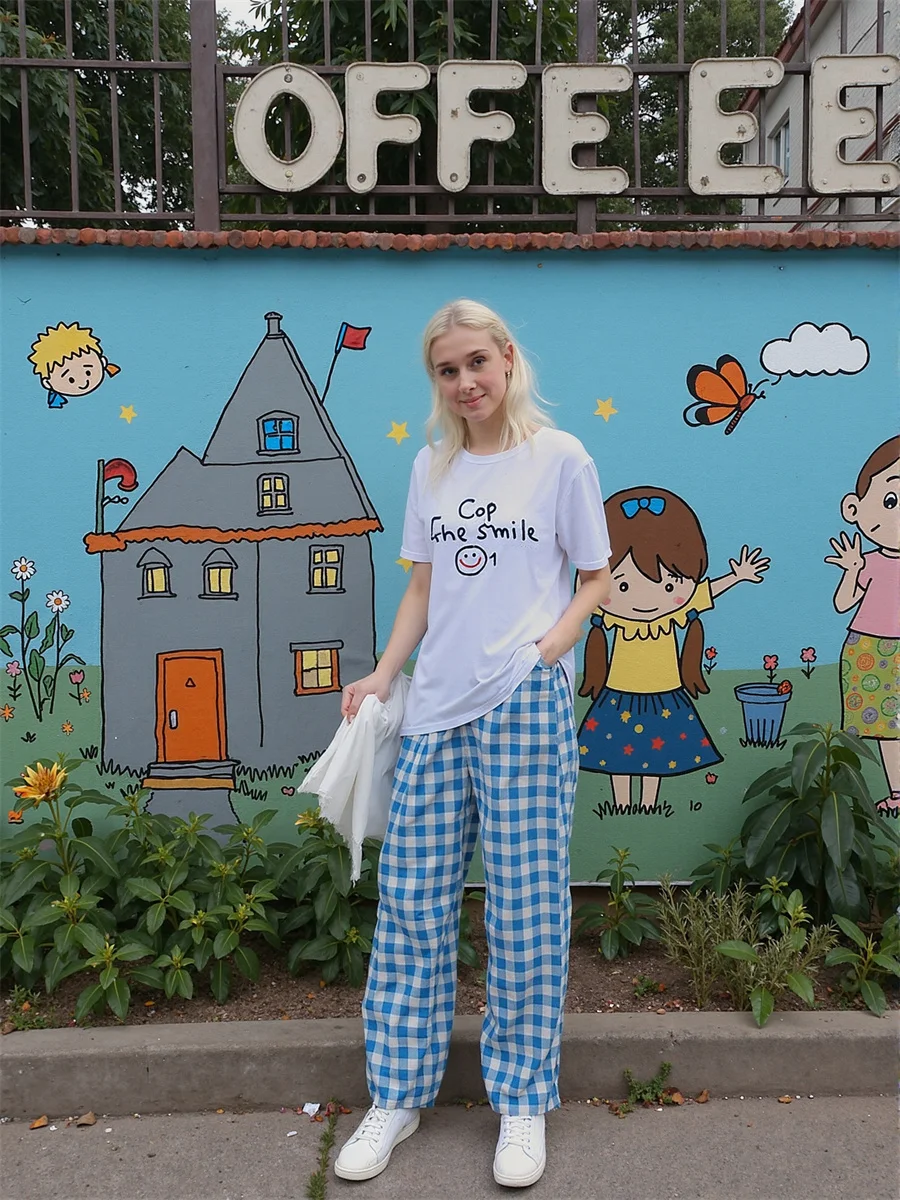 Pants Casual Woman Blue Pink Plaid Side Pockets Functional Design Element Practical Storage Space Comfortable Soft Material