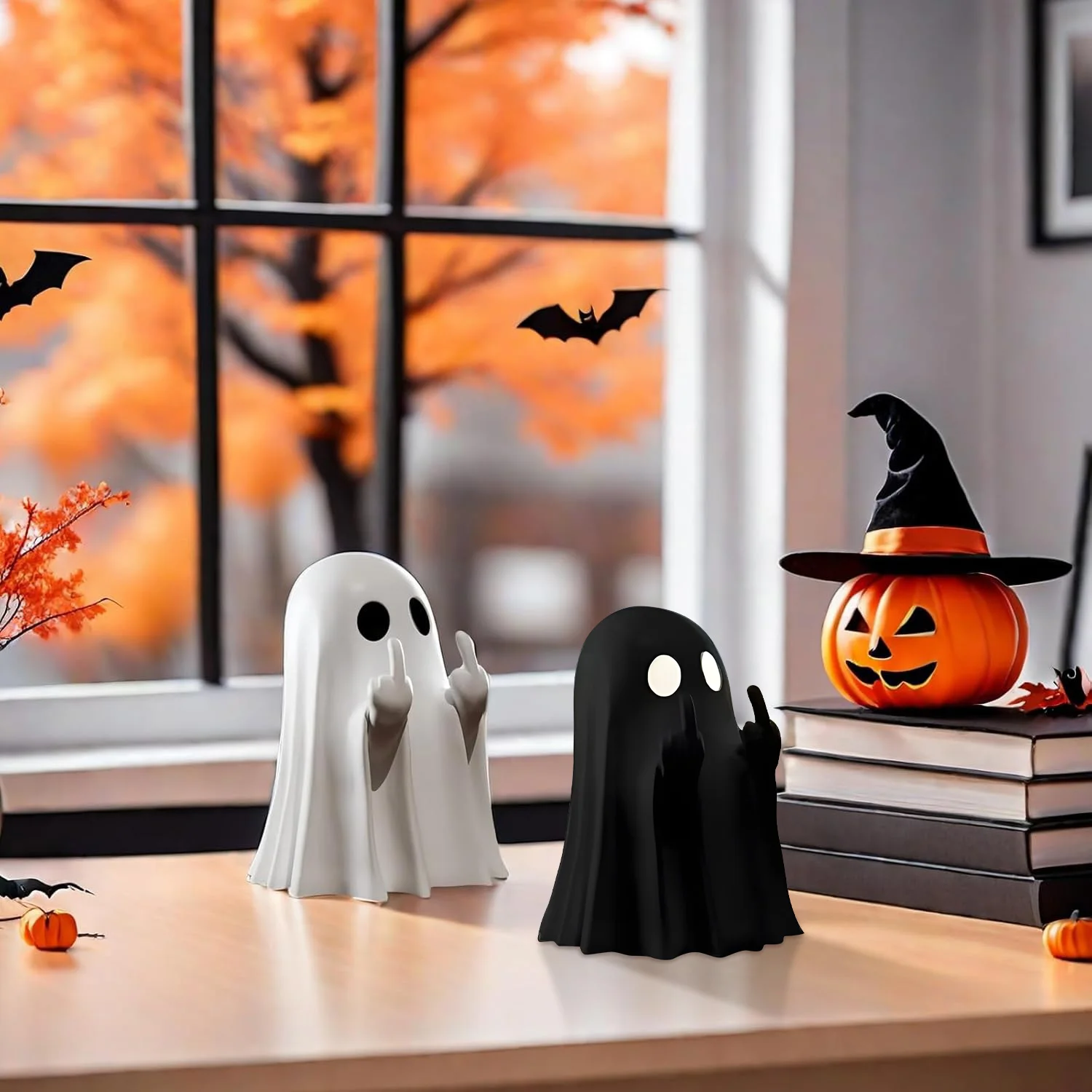 

Halloween Ghost Resin Figurine with Middle Finger Cute Spooky Home Decor Indoor Porch Decor for Halloween Festive Atmosphere