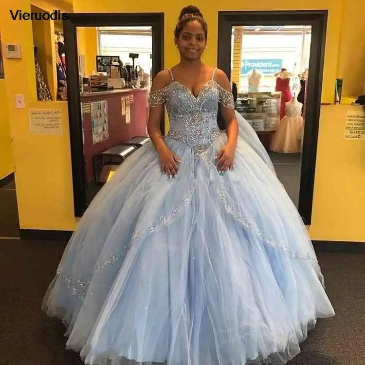 

Vestidos 16 Year Quinceanera Dresses Sky Blue Ball Gown Shiny Beaded Sequins Sexy Spaghetti Strap Bodice Formal Party Prom Dress