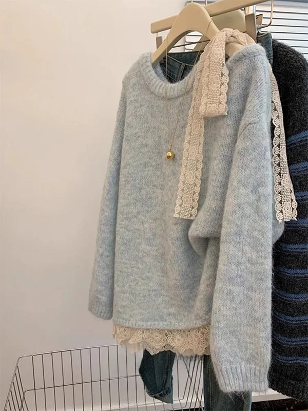 

Extra Large 300 Pou Lace Knot Belted Sweater Women Spring Loose Soft Knitted irt Top American Sle Casual Winter