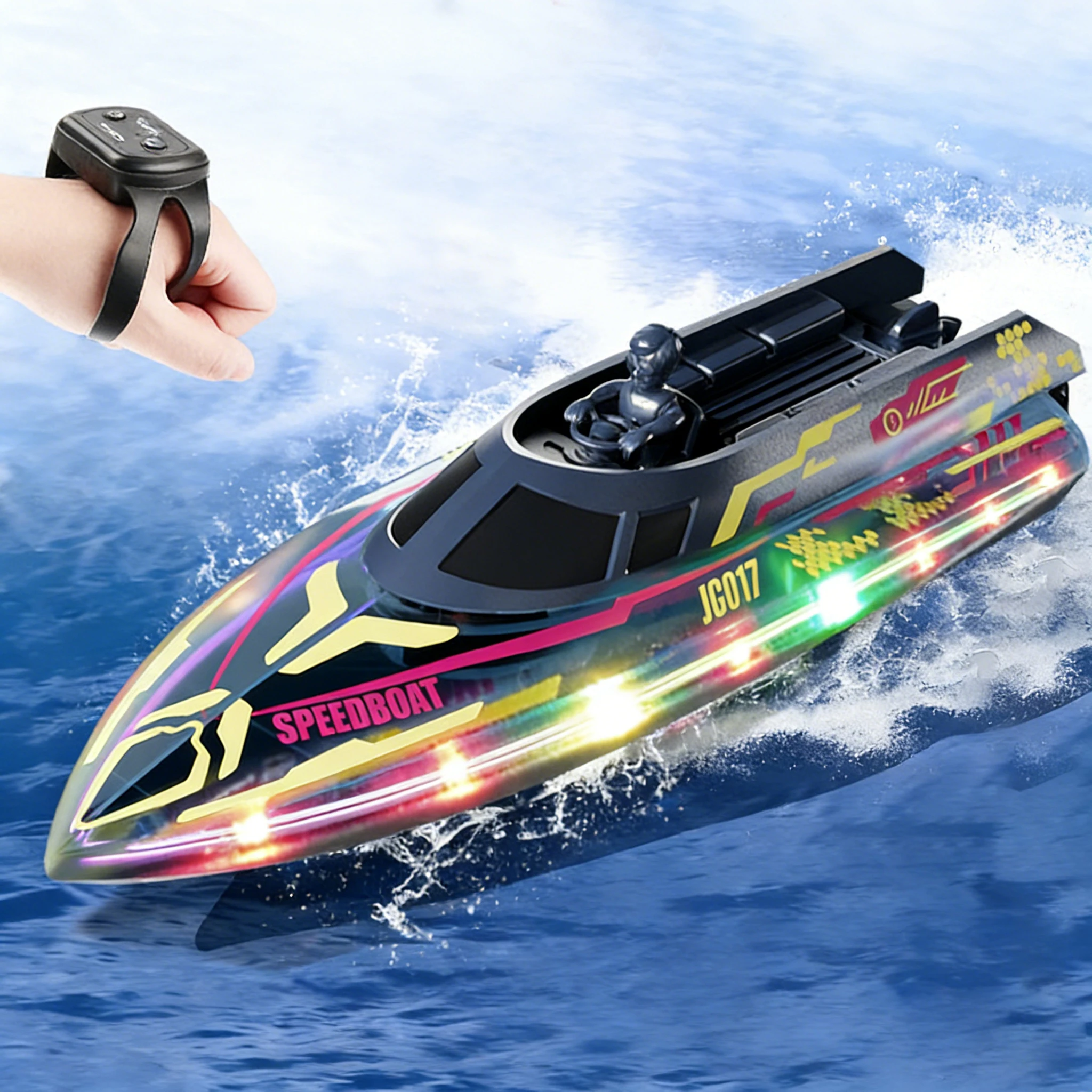 

2.4G RC Speedboat JC017 Remote Control Stunt Boat High Speed Electric Race Ship Model with Light Outdoor Waterproof Toy Gifts
