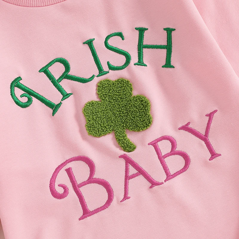 Infant Girl St Patrick s Day Jumpsuit with Clover Embroidery and Long Sleeves Round Neck Bodysuit for Newborns - Shamrock