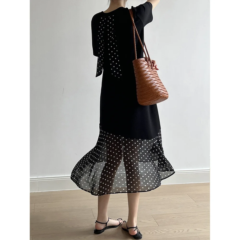 

Summer women's French splicing polka dot dress bow fishtail