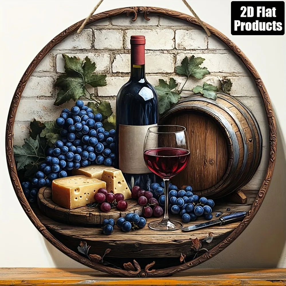 2D Metal Sign, 8x8 Inch Round Metal Plaque with Wine Cellar Theme, Bar Kitchen Coffee Shop Home Decor, Gift