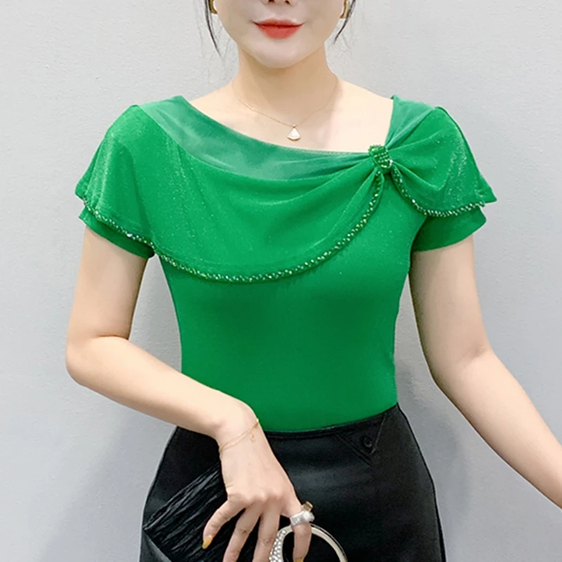 Camicetta stile estivo con perline fatte a mano per l'industria pesante Camicia versatile a maniche corte in rete sottile alla moda