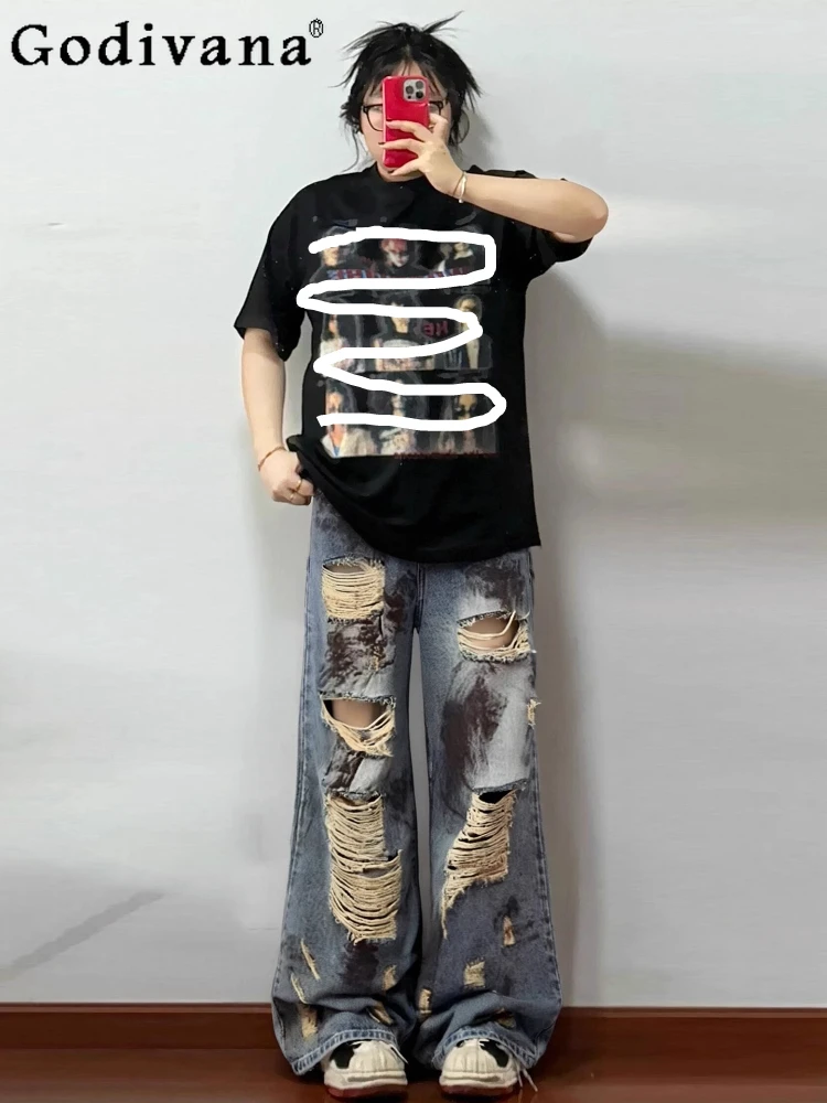 

Large Size 2XL-6XL American Sexy High Waist Leisure Wide Leg Jeans Women's Summer New Retro Blue Loose Korean Ripped Trousers